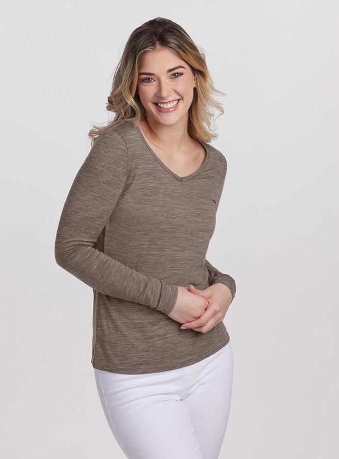 Woolx Layla V Neck Top - Simply Taupe High Quality