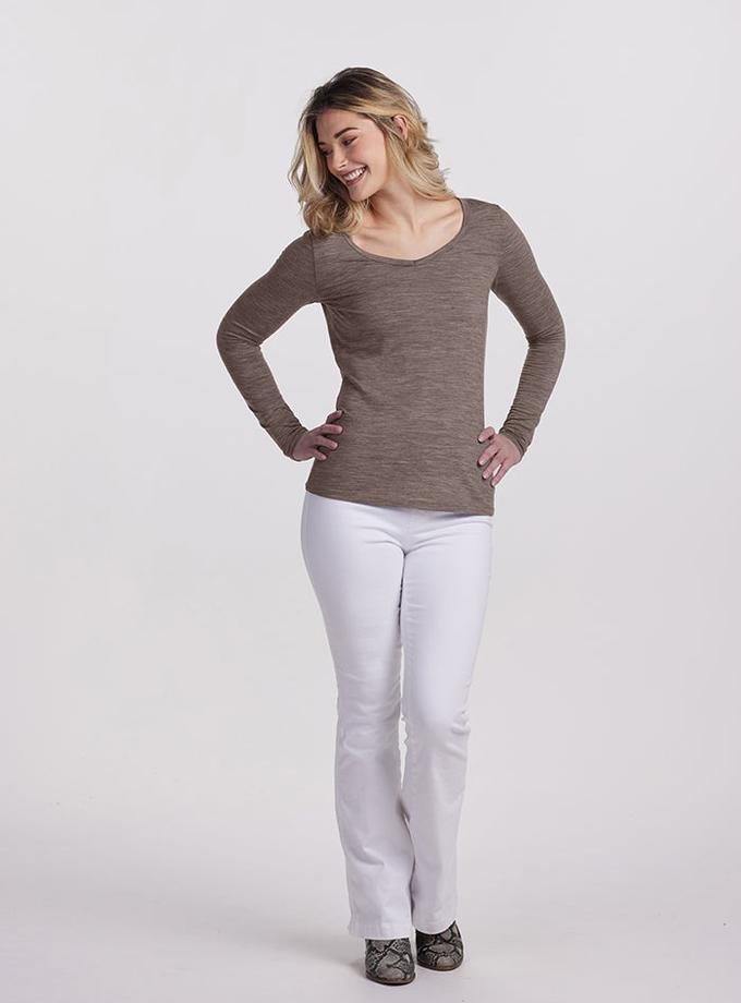 Woolx Layla V Neck Top - Simply Taupe High Quality