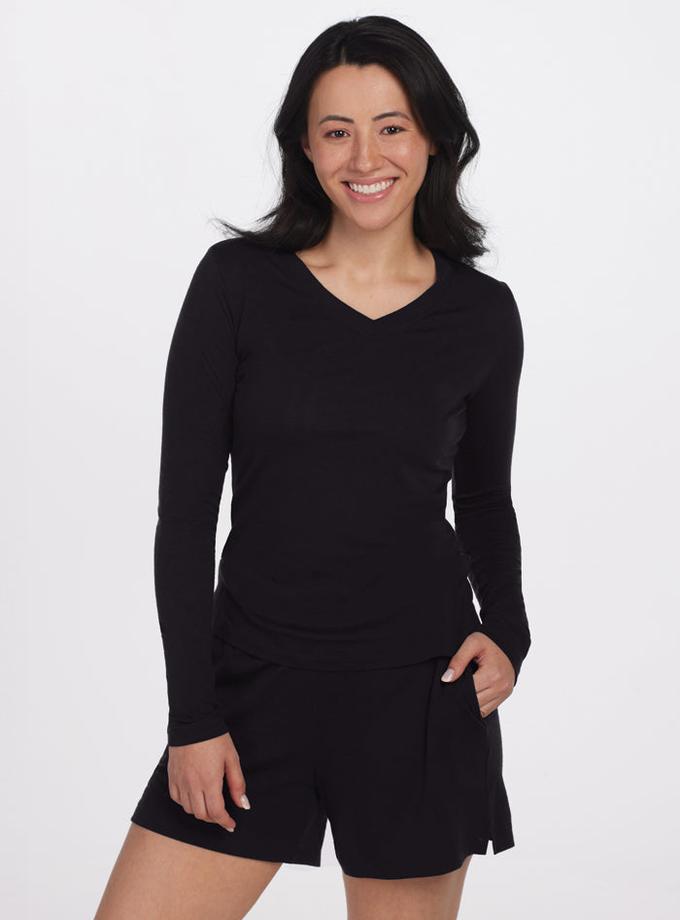 Woolx Lily V Neck Lounge Top - Black High Quality