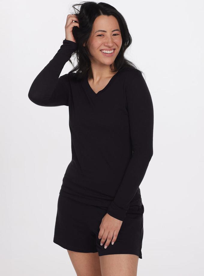 Woolx Lily V Neck Lounge Top - Black High Quality