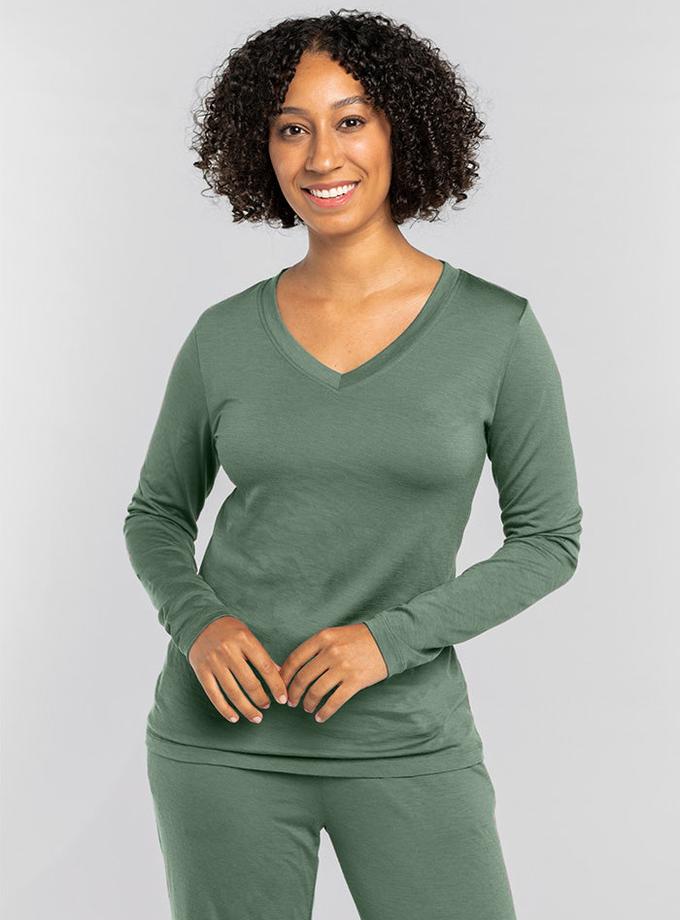 Woolx Lily V Neck Lounge Top - Duck Green On Sale