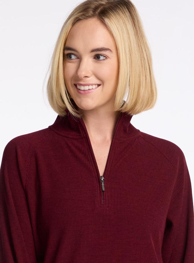 Woolx Quinn Ribbed 1/4 Zip - Cranberry Melange High Quality